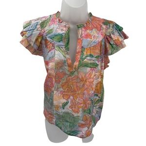 Rails Multicolor Floral Flutter Ruffle Short Sleeve V-Neck Blouse Top Womens S